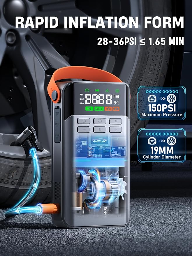 8-in-1 Car Jump Starter with Air Compressor, 5500A Jump Starter (All Gas 12L Diesel) with 150PSI Tire Inflator, 12V Jumper Starter Portable Jump Box with LCD Display,Flashlight (5500A)