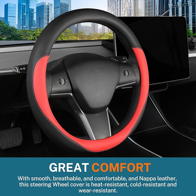 Leather Steering Wheel Cover Custom-Fit for Tesla Model 3/Y 2016-2026, Comfort Grip Design Breathable and Non-Slip, Model 3/Y Car Steering Wheel Protector, Tesla Accessories,Black(D-Style, for Tesla)