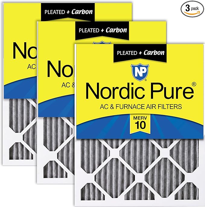 Nordic Pure 10x20x1 (Actual Size: 9 1/2 x 19 1/2 x 3/4) Furnace Air Filters MERV 10 Pleated Plus Carbon 3 Pack