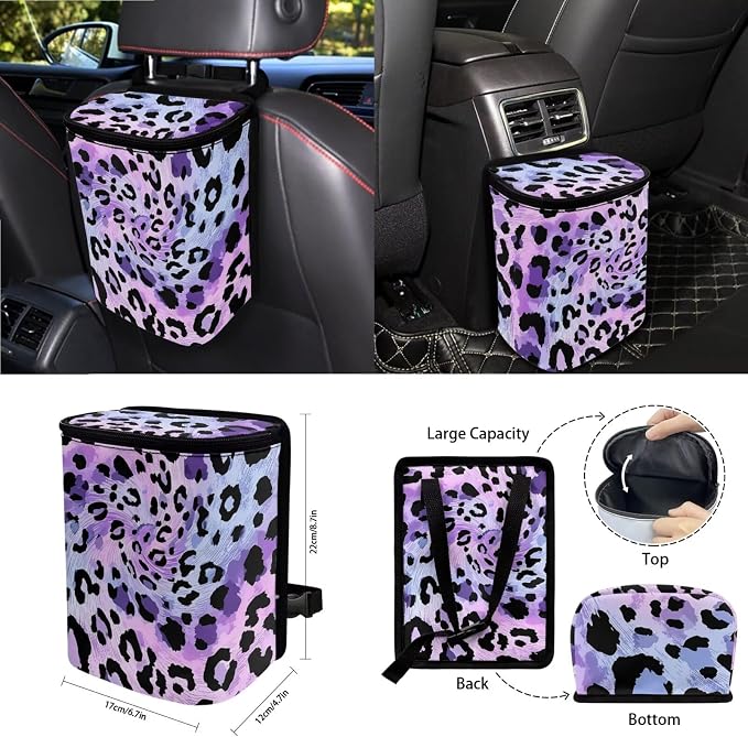 Cheetah Print 15Pcs Car Interior Cover Set Includes Car Front Rear Seat Covers Steering Wheel Cover Seatbelt Pads Inside Rearview Mirror Protector Garbage Bag Cup Coasters