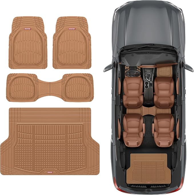 Motor Trend FlexTough Contour Liners Deep Dish 3 pc Rubber Floor Mats & Trimmable Trunk Liner Cargo Mat - Heavy Duty All Weather Protection Car Mats with Traction Grips Car Accessories (Beige)