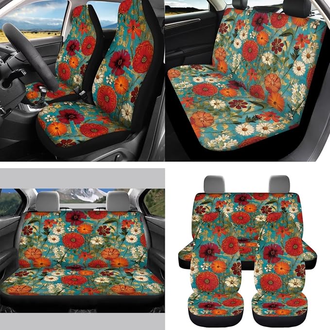 Colorful Flower 15 PCS Car Seat Cover Set with Auto Steering Wheel Cover Seat Belt Strap Protector Cup Holder Trash Bag Rear View Mirror Protector Keychain