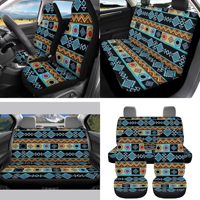 Navajo Aztec Car Seat Covers Set of 15 with Universal Steering Wheel Cover, Rearview Mirror Cover, Car Trash Can, Seatbelt Pads, Cup Holder Coasters, Keychains