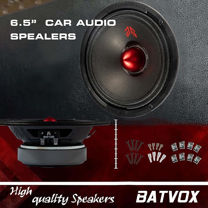 MX65E1 Midrange Loudspeaker 6.5" Red Bullet, 400W Max, 6 Ohms, Premium Quality Audio Door Speakers for Car or Truck Stereo Sound System, Black (2 Speaker)