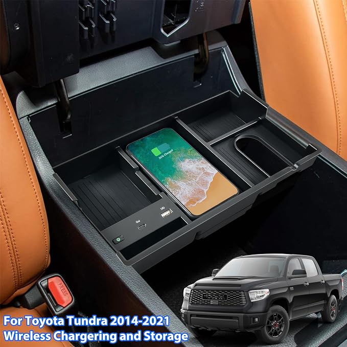 Wireless Charger for Toyota Tundra 2014-2021, Center Console Organizer Tray USB-A USB-C Fast Phone Charging Panel Pad Armrest Storage Box for Toyota Tundra 2017 2018 2019 2020 Accessories