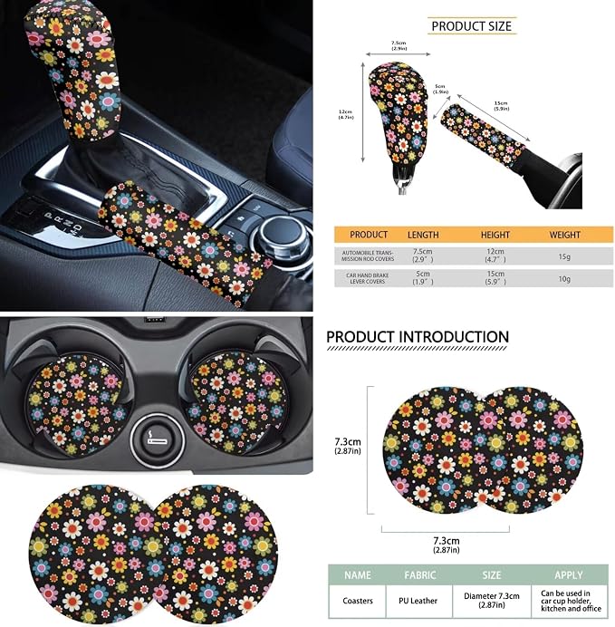 18Pcs Groovy Flower Car Seat Set - Steering, Headrest, Console, Handbrake, Seat Belt, Coaster & Keychain Covers
