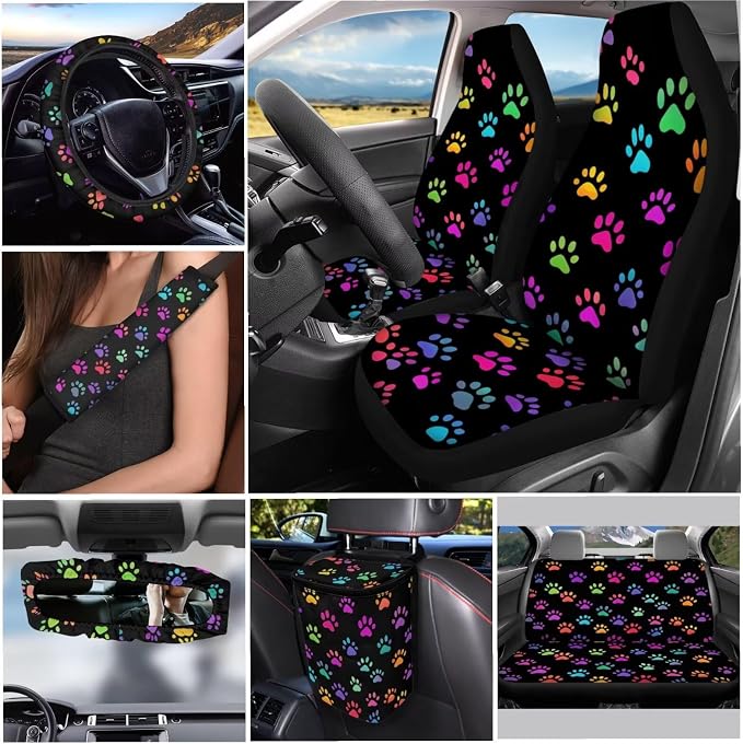 Colorful Dog Paws 12 Pack Automobile Seat Cover Car Steering Wheel Cover Car Seat Belt Cover Car Trash Can Car Rear View Mirror Cover Car Cup Coasters Keychain Holder Keychains