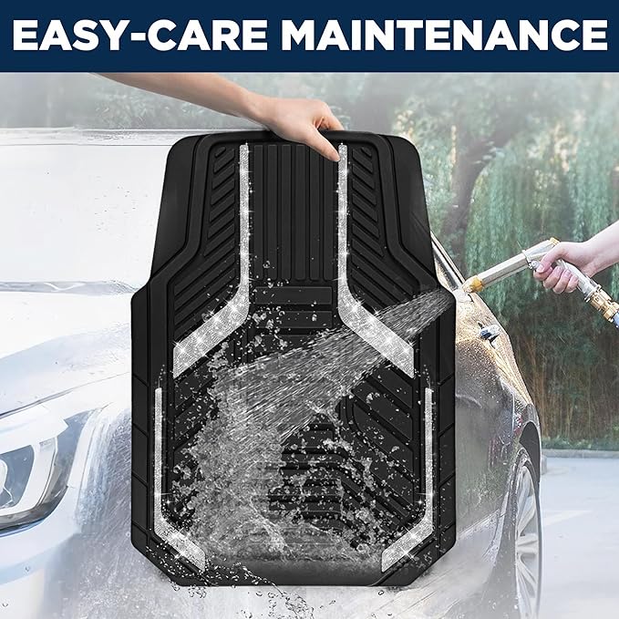 PIC AUTO Car Floor Mats, Silver Sparkly Crystal Bling Glitter Car Mats Set, Front and Rear Heavy Duty Rubber Car Mats with Anti-Slip Backing, All Weather, Trim-to-Fit for SUVs, Trucks, Sedan, Vans