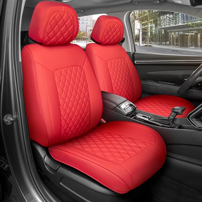 MotorBox Haven Series Napa Leather Seat Covers for Cars, Lux Edition Diamond Stitched Front Seat Covers, Premium PU Leatherette Red Car Seat Covers for Cars Trucks SUVs