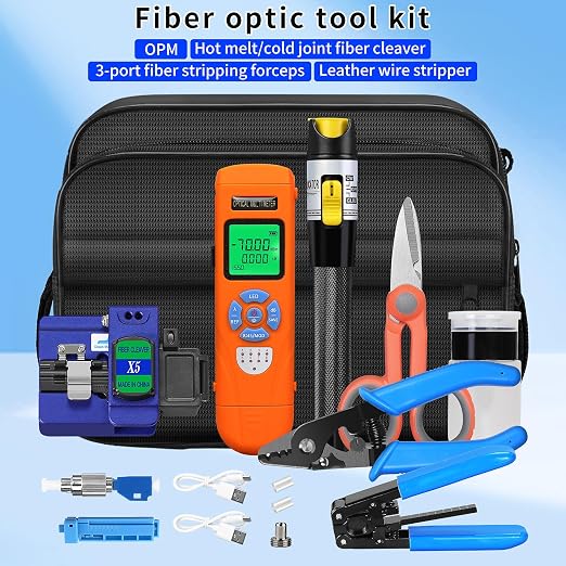 Fiber Optic Termination Tool Kit 11-in-1 Equipped Rechargeable Optical Power Meter L-C7 (-70 - +10 dBm) & VFL, Fiber Cleaver X5 and Wire Stripping Pliers, FTTH Hot melt/Cold Connection Tool Kit