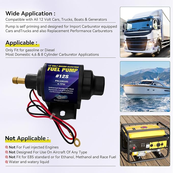Micro Electric Gasoline Fuel Pump Universal 5/16 inch Inlet and Outlet 12V 1-2A 35GPH 4-7 P.S.I. Operating Fuel Pressure