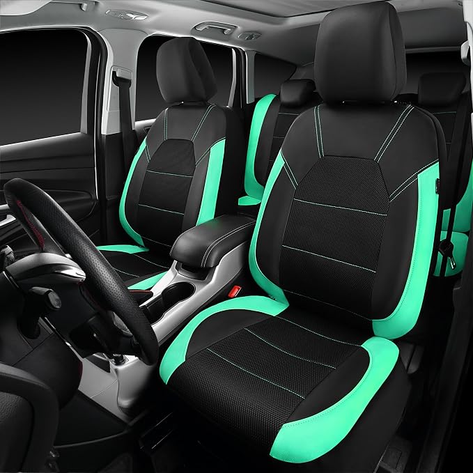 CAR PASS Leather Seat Covers, Breathable Universal Car Seat Cover Full Set for Cute Women Girly,Super 5mm Composite Sponge Inside,Airbag Compatible Fits Most Auto,SUVs,Trucks,Vans(Full Set,Black&Mint)
