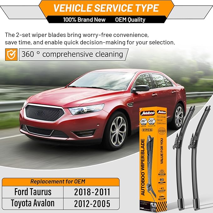 AUTOBOO 26"+20" Windshield Wiper Blade Replacement for Toyota Avalon 2005-2012 Ford Taurus 2011-2018 -Original Factory Quality (Pack of 2)