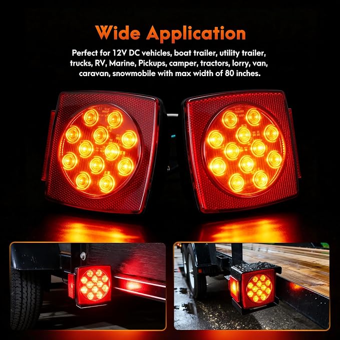 LED Trailer Light Kit, IP67 Submersible Stop Turn Tail Brake Lights with License Plate & Side Marker Lights, 25FT Wiring Harness for Boat Trailer Under 80 Inch, Truck RV Camper Snowmobile