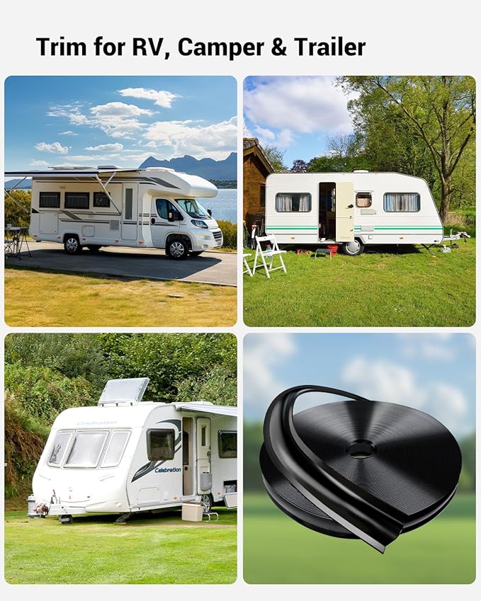 1” RV Trim Molding Insert, 100 Ft Heavy Duty RV Weather Stripping Exterior, Vinyl Rubber Seal Strip Includes End Caps, Screw Cover Trim for Camper Travel Trailer, Black