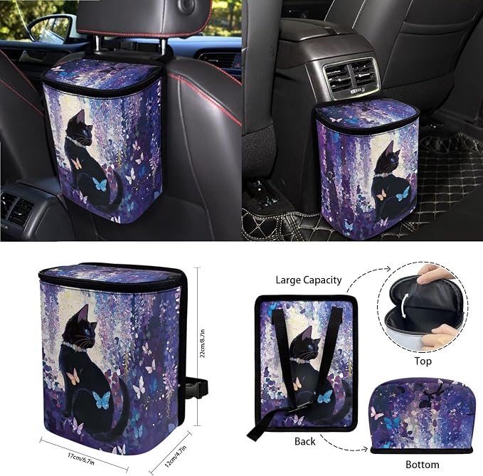 Cat Butterfly Print Full Set Car Seat Covers with Accessories for Women, Including Car Front Rear Seat Covers Steering Wheel Cover Safety Belt Pads Garbage Bag etc, Purple