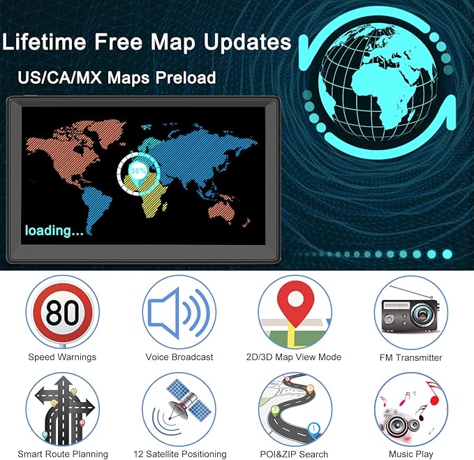 GPS Navigator for Car, 7" GPS Navigation System for Truck Commercial Drivers 2026 with US/CA/MX Offline Map, Lifetime Free Update, GPS for 7 Vehicles with Voice Drive Guidance, POI/Zip Search, FM