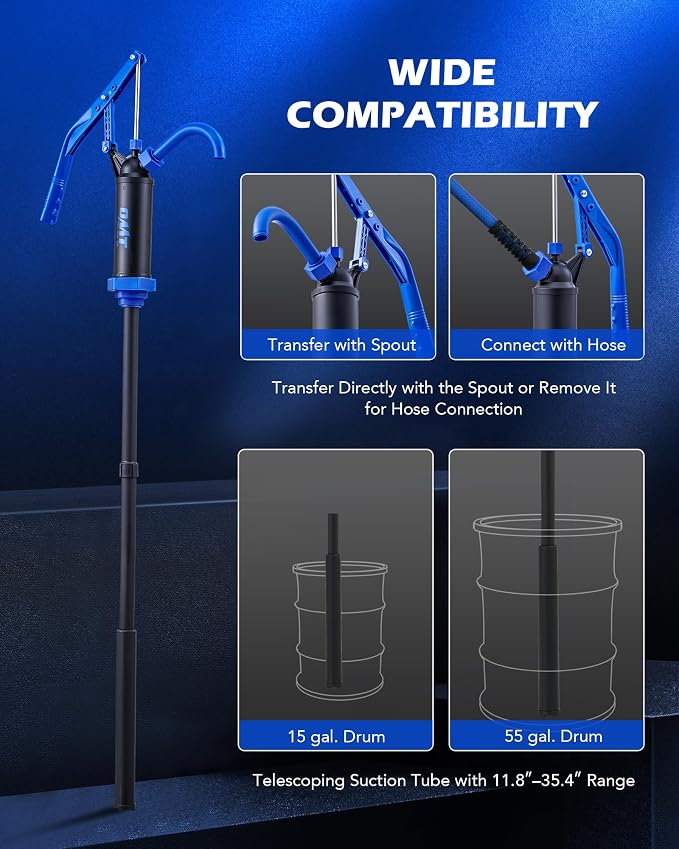Orion Motor Tech 55 Gallon Drum Pump, Fits 5 to 55 Gallon Drums & Barrels, Lever Action Barrel Pump with 3 Section Suction Tube for Transfer of Chemicals, Acidic Solutions, Fuels, Water Based Fluids