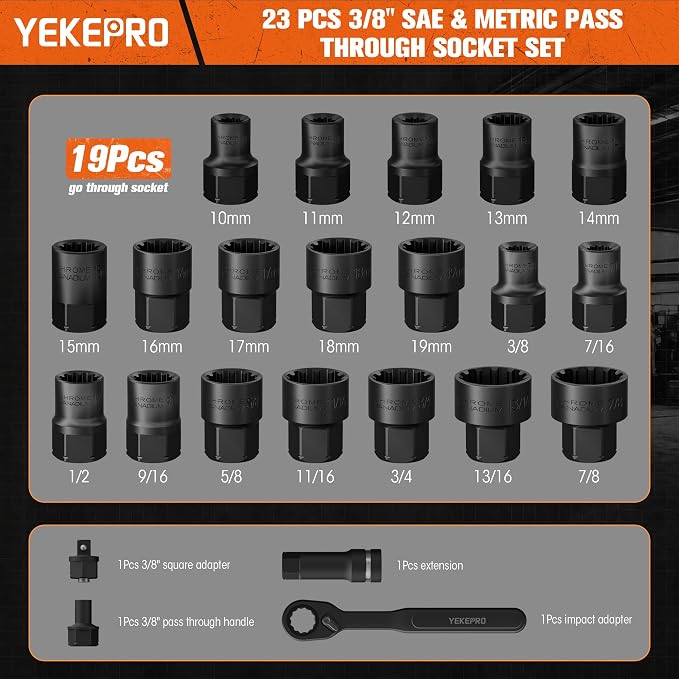 24-Piece 3/8" SAE & Metric Pass-Through Socket Set with Reversible Ratchet, Non-Slip Extractor Sockets for Damaged & Stubborn Fasteners