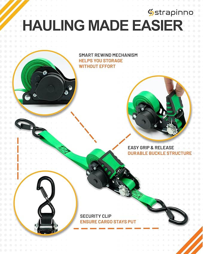 Strapinno Retractable Ratchet Straps - 1 in x 12 ft Heavy Duty Tie Downs, 1800lbs Breaking Strength Each, S Hooks with Safety Clip, AutoRetract, for Moving, Motorcycle, Boat, Kayak, and Cargo (4 PCS)