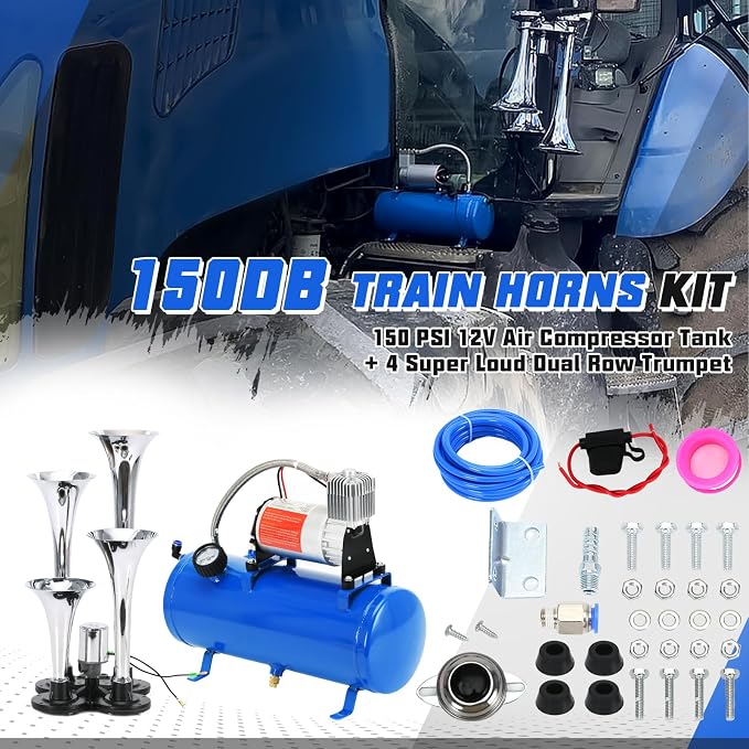 PTNHZ 150DB Train Horns Kit 12V 150PSI Air Compressor Tank Pump w/6 Liter 1.6 Gallon Tank + Super Loud Sliver 4 Double Row Trumpet For Train Truck Boat Pickup Motorhome