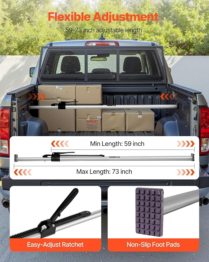 VEVOR Cargo Bar, Cargo Bar Adjustable from 59" to 73", Heavy-Duty Steel Cargos Stabilizer with Non-Slip Foot Pads, Telescoping Load Lock Bars Stop Sliding for Pickup Truck