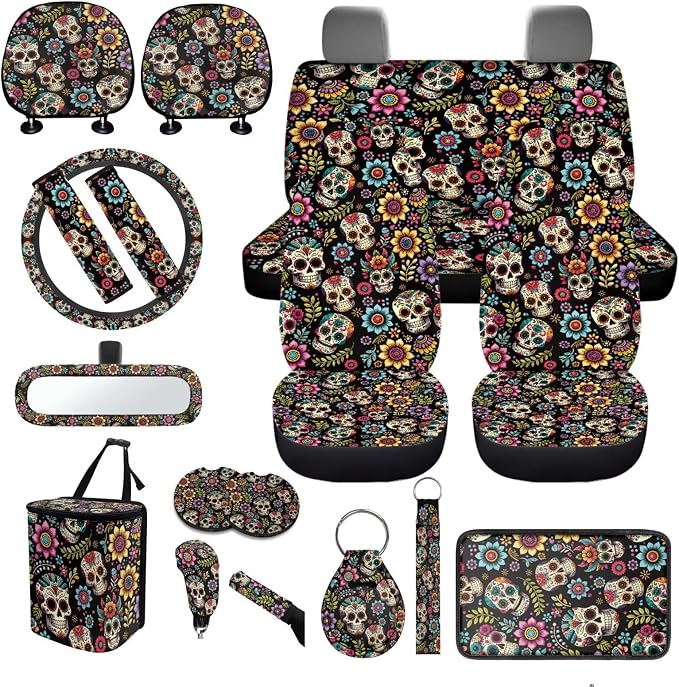 Sugar Skull Car Seat Covers Full Sets 18 Pcs Gothic Skeleton Car Interior Accessories Car Headrest Covers Car Seat Belt Pads Cover Auto Trash Bag Steering Wheel Cover Armrest Box Pad