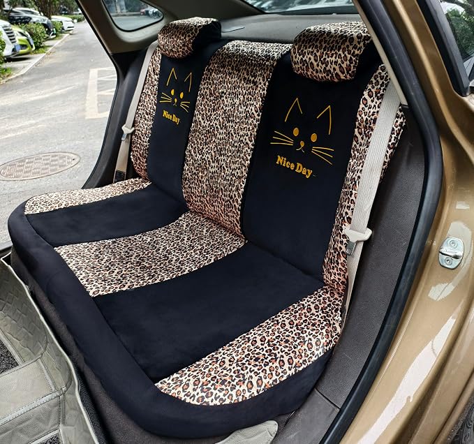 Cute Cat Leopard Print Car Seat Covers For Women, Universal Full Set (Cat) | Lovely Embroidered Cartoon Design For Daily Driving, Universal Fit For Most Cars, Soft Short Flannel With Stretch Backing