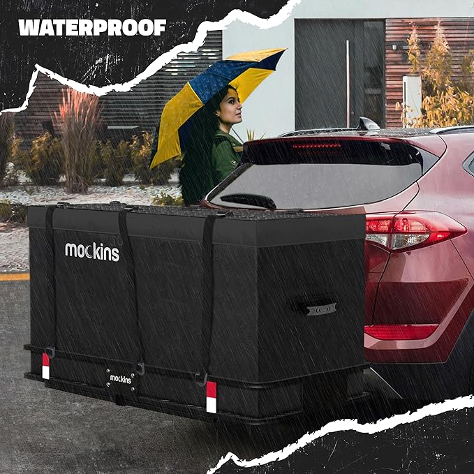 Mockins 25 CuFt XL Heavy Duty Trailer Hitch Cargo Carrier Bag | 60"x24"x31" All-Weather Cargo Bag for Hitch Carrier | Waterproof Truck Bed Storage | Vehicle Soft-Shell Carriers w/Straps, Lock, & Case
