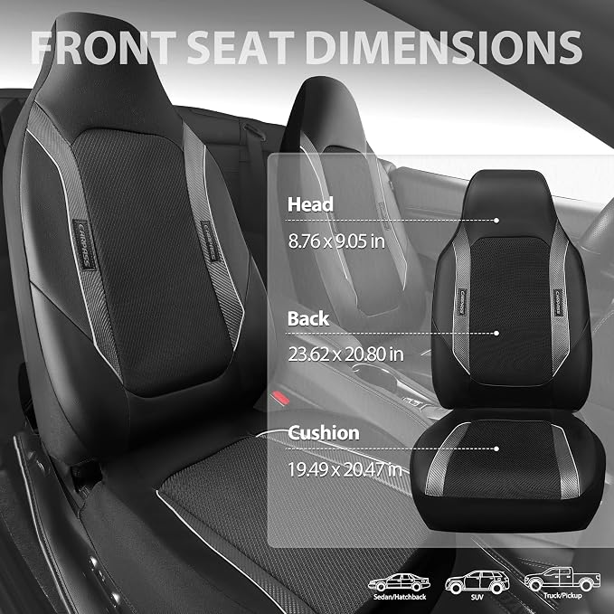 CAR PASS High Back Car Seat Cover Two Front Seats, Sporty Carbon Fiber 3D Waterproof Oxford Luxury Leather All Weather Bucket Seat Cover, Airbag Compatible Universal Fit Car Suv Sedan Truck Black Gray