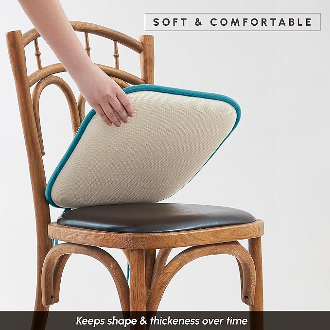 Elegant Comfort Chair Cushion Covers with Ties and Non Skid Rubber Backing-Thick Memory Foam - Soft Cushion Pad- Rounded Square Seat Cover-16 x 16 Inches- Honeycomb Textured Pattern, Set of 2, Peacock