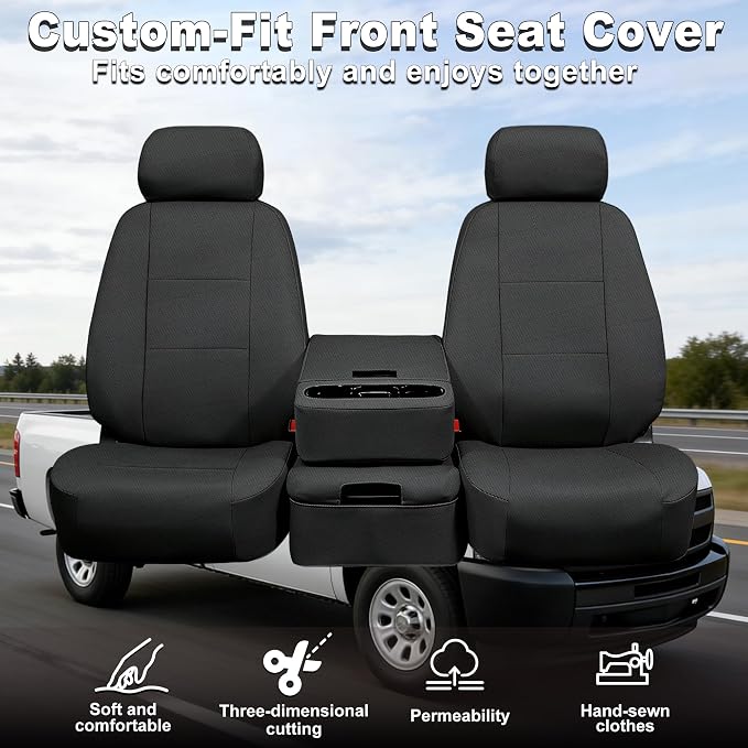 Seat Covers for Chevy Silverado & GMC Sierra 1500/2500HD 2007-2013 Heavy Duty Cloth Protector Interior Accessories，Waterproof & Machine Washable-Black (Front)