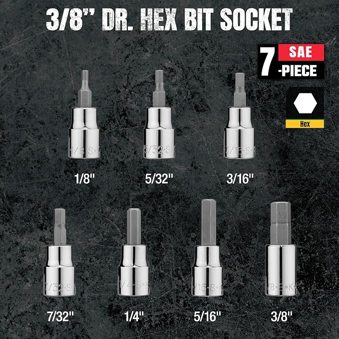 SK Tools USA 3/8" Drive, 7 Piece, Standard, SAE, Chrome Hex Bit Socket Set: 1/8" - 3/8" | 19723
