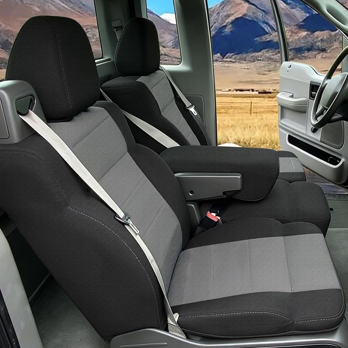 Front 40/20/40 Split Bench Seat Covers Compatible with Ford F150 XL Standard Cab 2004-2008 Sandwich Mesh Sponge Fabric Seat Protector with Integrated Seatbelts & Solid Armrest - Gray