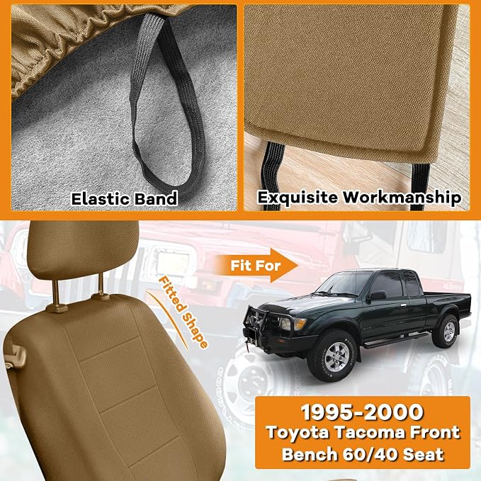 Truck Seat Cover Compatible with 1995-2000 Toyota Tacoma, Knitted Front Bench 60/40 Seat Covers with 2 Headrests and Center Console, Tan