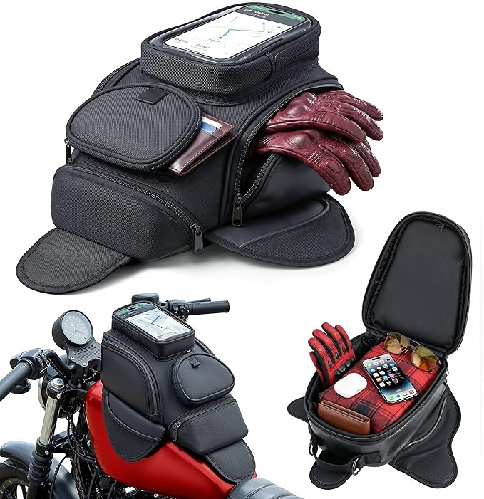 Nomad Motorcycle Tank Bag – 4L Heavy Duty Black Gas Tank Bag with Touchscreen Phone Window, Magnetic Universal Fuel Tank Pouch for Cruiser, Sportbike, Touring & Street Bikes