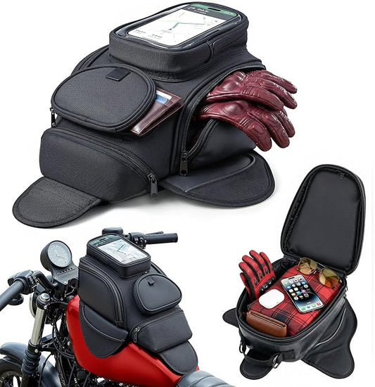Nomad Motorcycle Tank Bag – 4L Heavy Duty Black Gas Tank Bag with Touchscreen Phone Window, Magnetic Universal Fuel Tank Pouch for Cruiser, Sportbike, Touring & Street Bikes