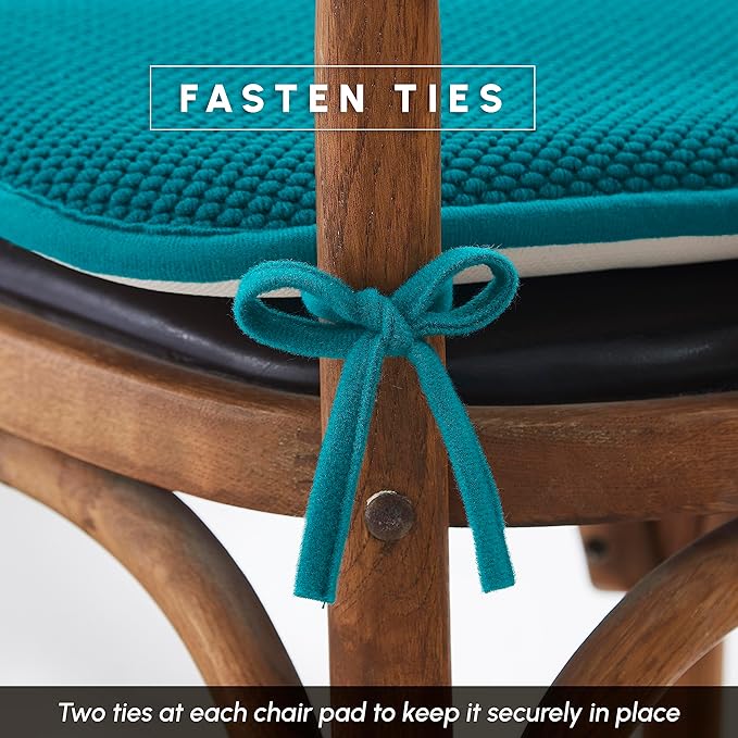Elegant Comfort Chair Cushion Covers with Ties and Non Skid Rubber Backing-Thick Memory Foam - Soft Cushion Pad- Rounded Square Seat Cover-16 x 16 Inches- Honeycomb Textured Pattern, Set of 2, Peacock