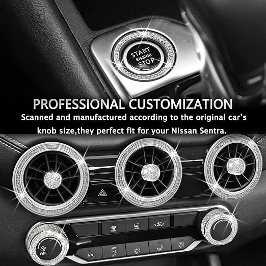 for Nissan Sentra 2025 2024 2020-2023 Accessories Knob Cover Set - Volume Tune Knob Covers, Air Conditioner, Air Vent Outlet Rings/Covers Push Start Stop Button Ring Trim for Sentra, 11Pcs (Bling)