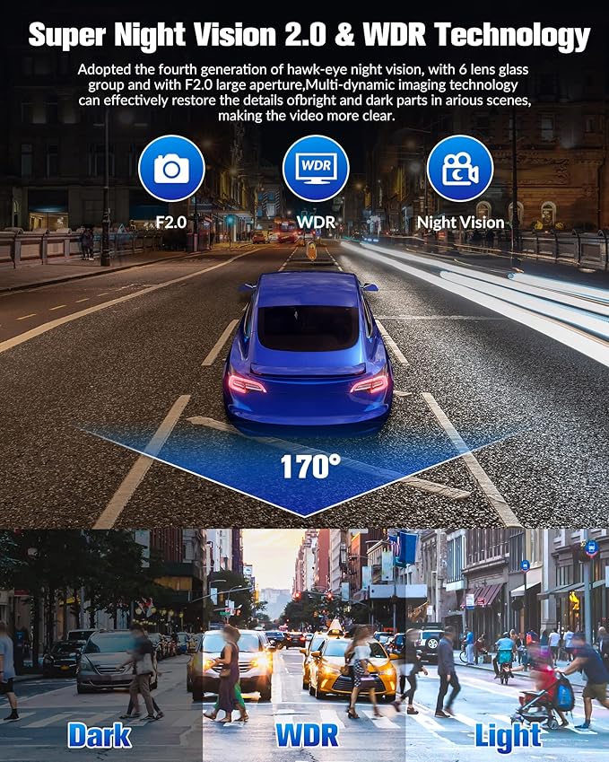 Dash Camera for Cars,4K Full UHD Car Camera Front Rear with 32GB Card,Built-in Super Night Vision,2.0'' IPS Screen,170°Wide Angle,WDR, 24H Parking Mode, Loop Recording