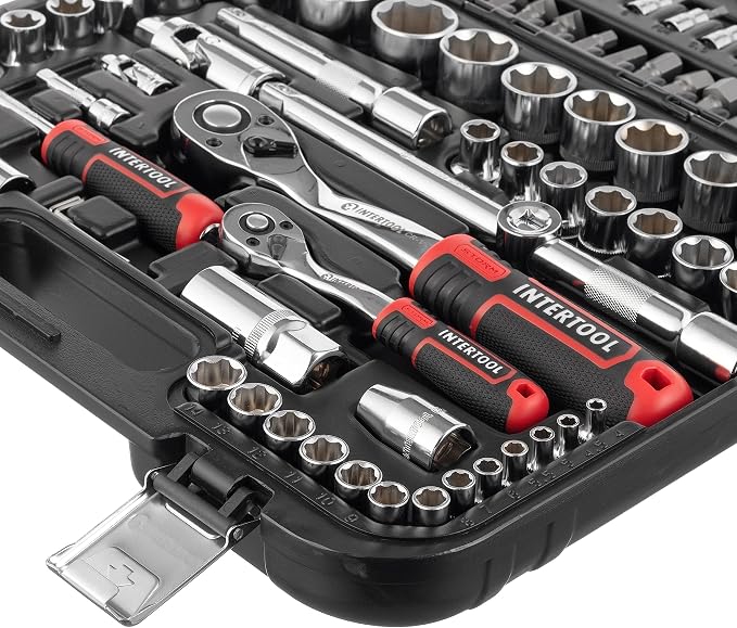 INTERTOOL Metric Socket Set Super Lock, 1/4-inch & 1/2-inch Drive, 110-Piece, Quick Release Ratchets, Extensions, Adapters, Bits, Screwdriver, Metal Latch Hard Case, Tool Gift, ET08-8110