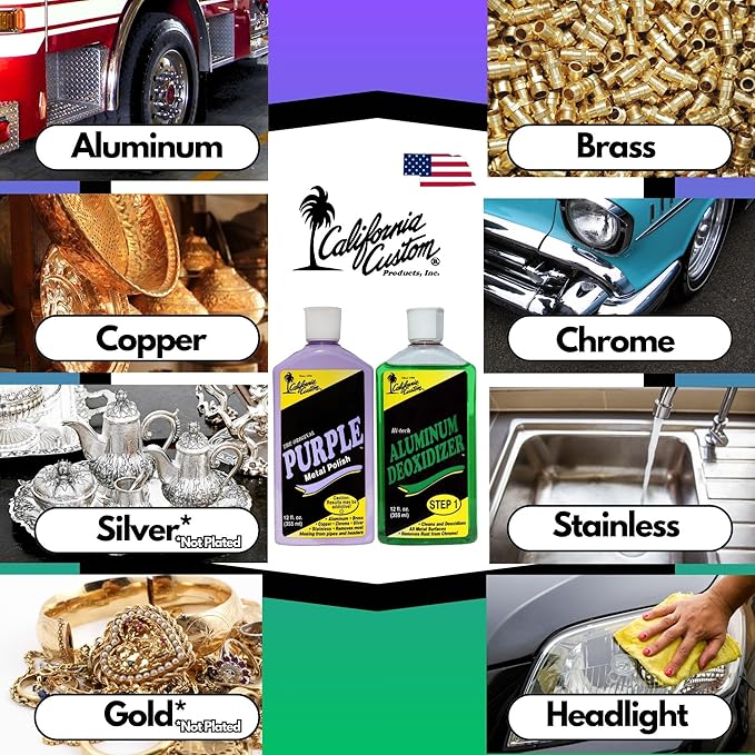 CALIFORNIA CUSTOM – Purple Metal Polish & Aluminum Deoxidizer Kit, No Silicone, Body Shop Safe, Great for Aluminum, Brass, Copper, Chrome, Silver, Stainless and Gold