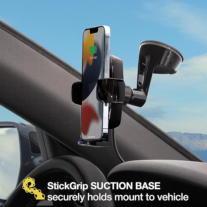 Scosche UQ3WDV-SP Windshield/Dashboard/Vent Qi-Certified 15W Wireless Charging Universal Cell Phone Car Mount, Adjustable Hands-Free Cell Phone Holder with Stick Grip, Black