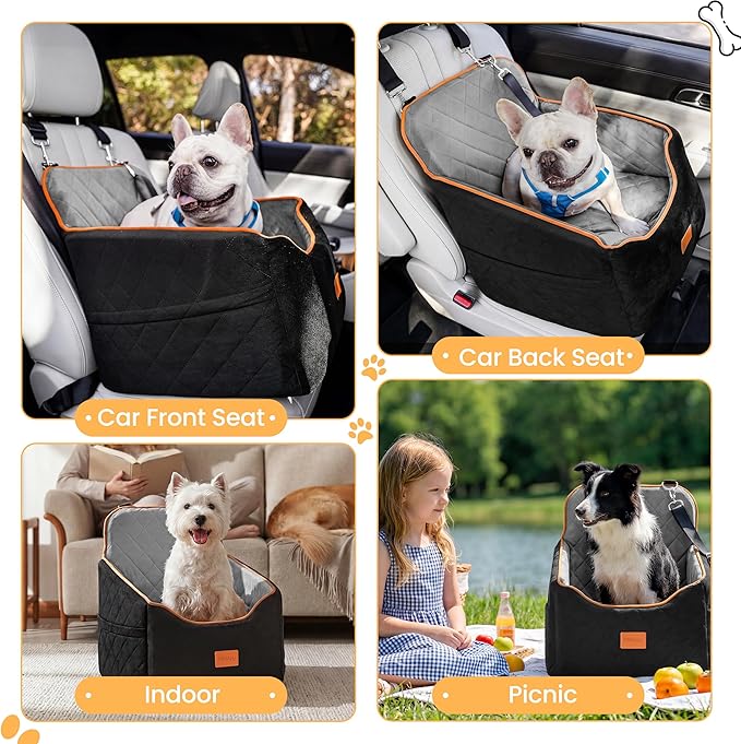 HiPetpy Dog Car Seat for Small Dog, Booster Seat for Dogs Under 30lb, 6" Elevated Pet Seat with Pockets, Anti-Slip Bed for Car, Perfect for Front & Back Seats with Safety Leash (Black/Grey, Medium)