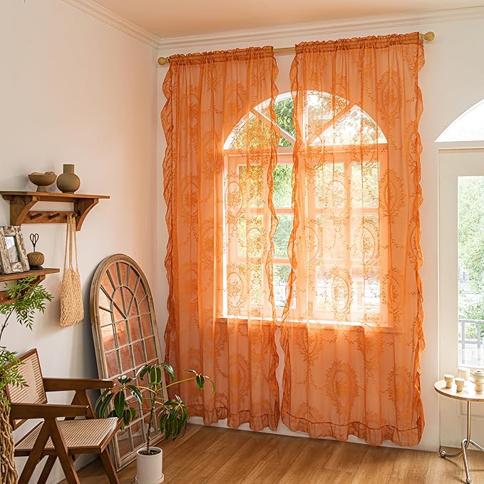 Sutuo Home Lace Curtains for Bedroom Living Room 90 Inches Long 2 Panels, Boho Sheer Rose Floral Embroidery Ruffled Vintage Window Treatment Pair Halloween Decor, Rod Pocket, W57 x L90,Burnt Orange