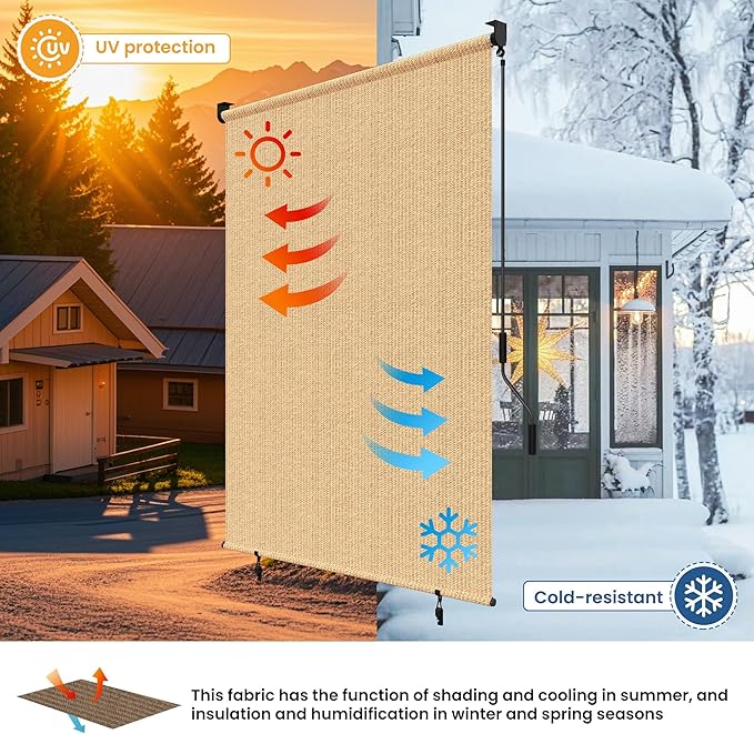 Grandekor Outdoor Roller Shade Cordless,8' W x 6' H,Patio Roll Up,Outdoor Privacy Screen with 220GSM HDPE Aluminum,Wand Operation,Exterior Roller Shades Cloth for Porch Gazebo Backyard,Khaki