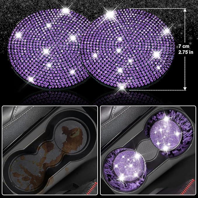 CAR PASS Diamond Bling Leather Seat Covers Set Car Floor Mats Glitter Rhinestone Steering Wheel and Car Interior Accessory Set for Women Purple Violet