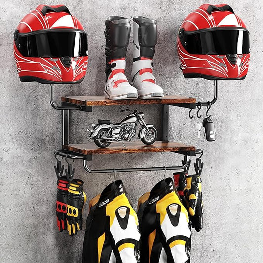 Motorcycle Helmet Holder Wall Mount, 2-Tier Helmet Rack with 2 Hat Stands, Motorcycle Accessories Gear Storage Organizer Display for Men Jackets, Caps in Garage, Living Room (Rustic Brown)