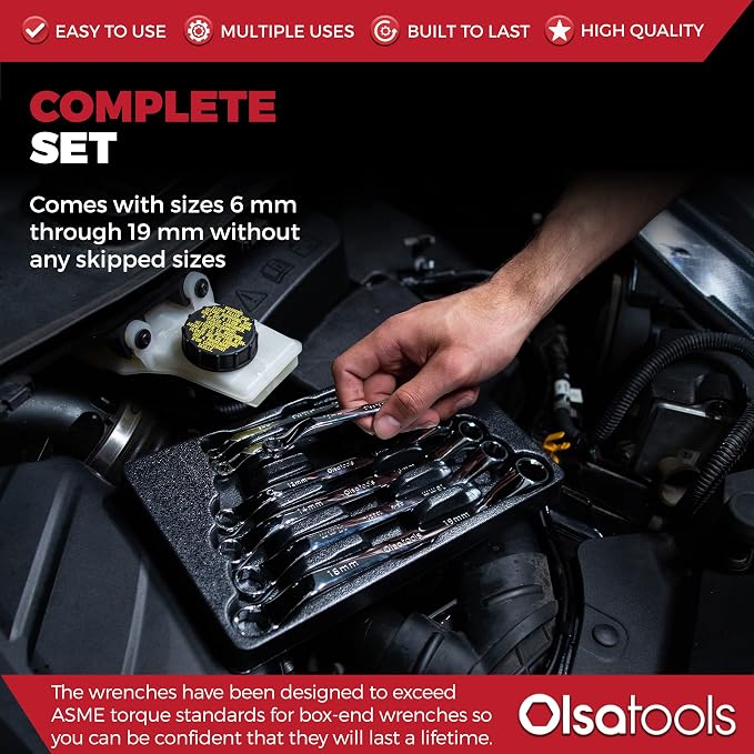Olsa Tools Bolt Extractor Offset Wrench Set - 7pc Rounded Fastener Remover Kit - 6-Point Box-End Metric Design - Stripped Bolt & Nut Removal Tool - Professional Grade Mechanic Wrenches - Part: 1311