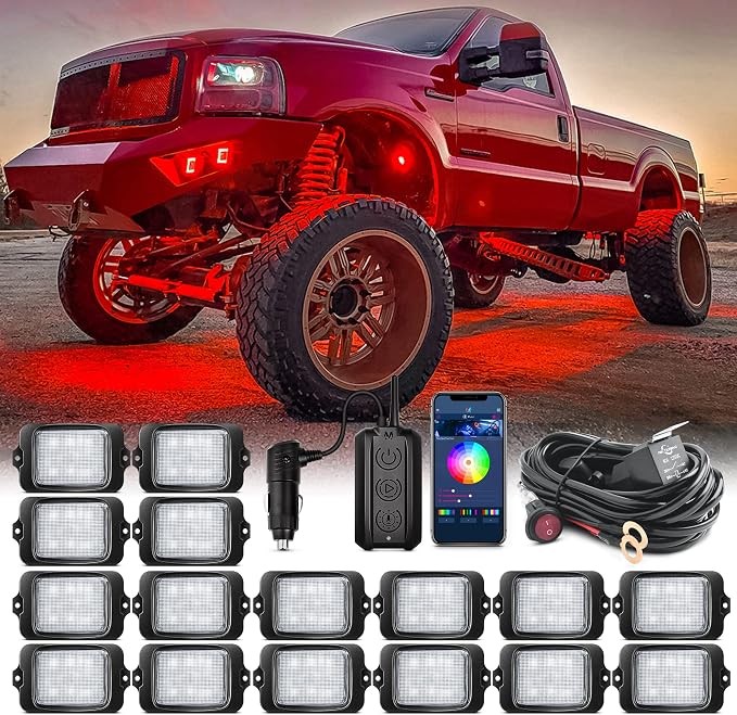 MICTUNING C3 RGBW Rock Lights 16 Pods with Wiring Switch Kit | Expandable to 32 pods, MagicLink APP Control, 160° Wide Beam, IP68 Waterproof Multi-Color Neon Underglow Lights